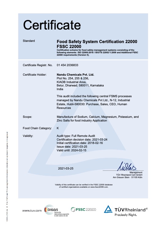 Nandu Chemicals Pvt Ltd Received ISO 45001 and FSSC 22000 Accreditation from TUV Rheinland, Germany