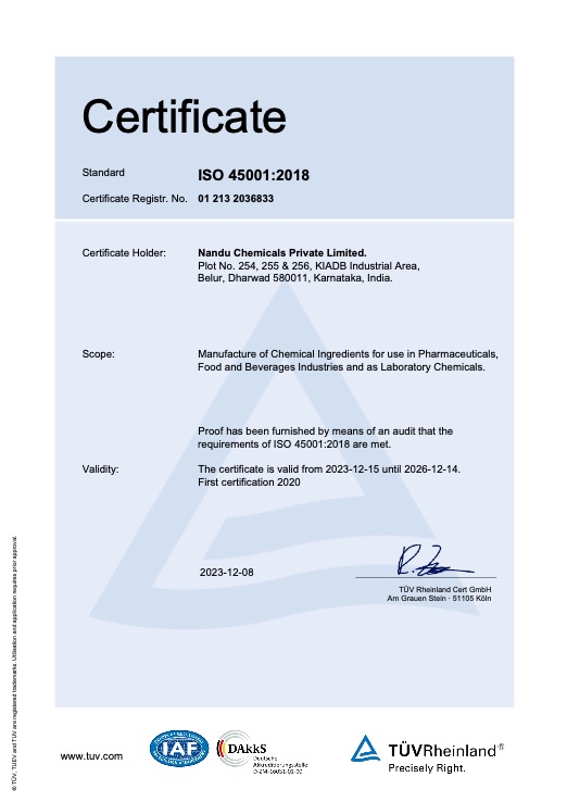 Nandu Chemicals Pvt Ltd Received ISO 45001 and FSSC 22000 Accreditation from TUV Rheinland, Germany