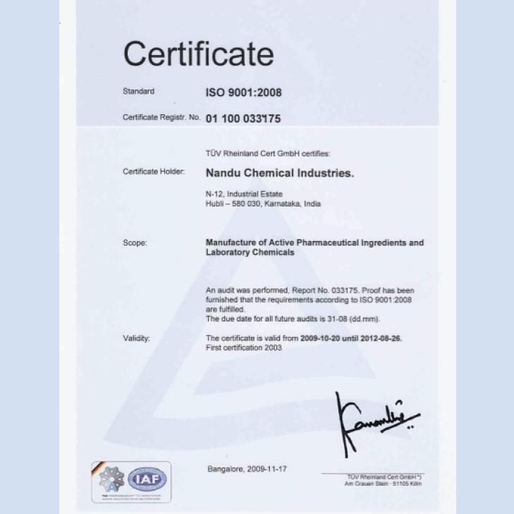 Nandu Chemical Industries Received ISO 9001 Accreditation from TUV Rheinland, Germany.