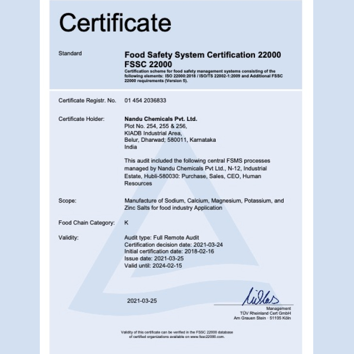 Nandu Chemicals Pvt Ltd Received ISO 45001 and FSSC 22000 Accreditation from TUV Rheinland, Germany.